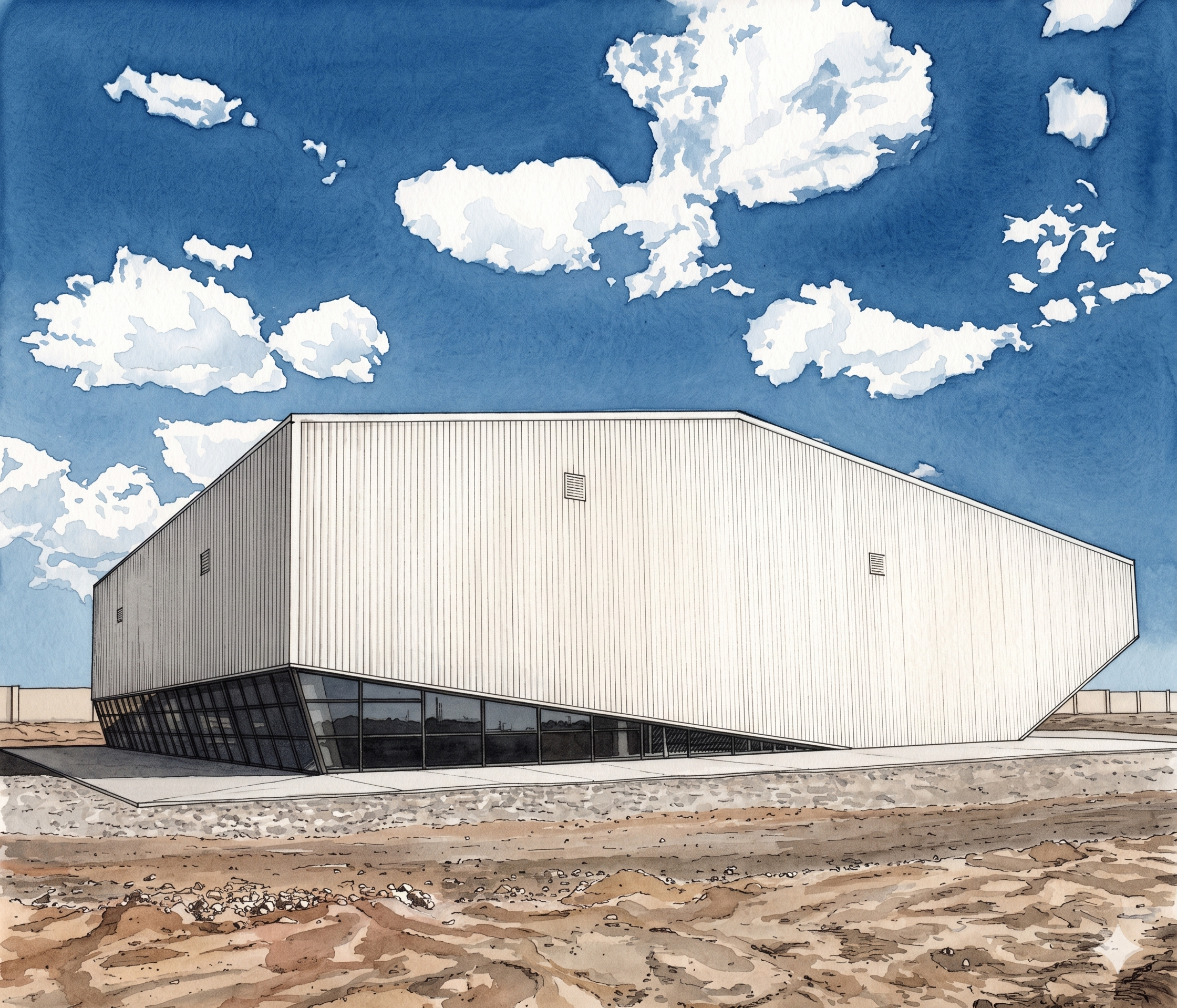 Watercolour rendering of an angular white MicroLink data center building under a blue sky.
