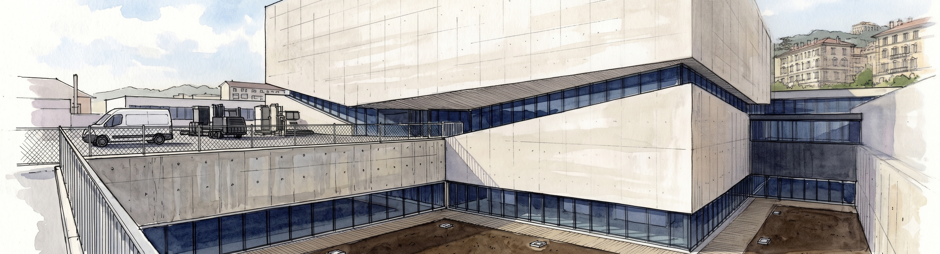 Watercolour architectural sketch of a Chicago site, concrete walls and ribbon-window building with vehicles and hills in background