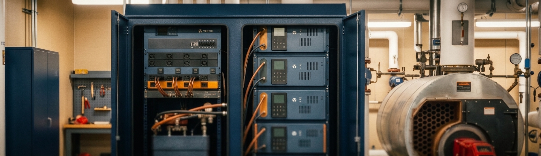 MicroLink pod on a commercial tower plant deck, flanked by Vertiv hardware and rooftop chillers