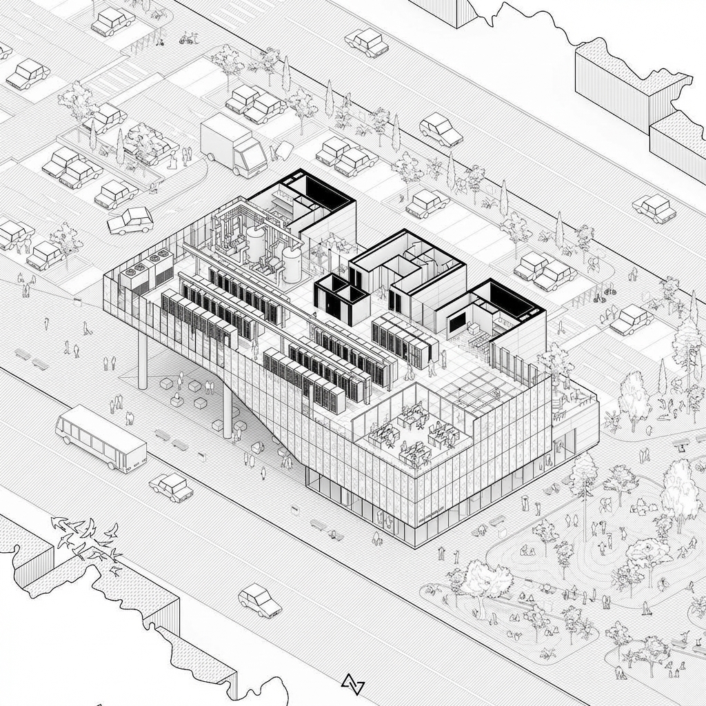 Architectural streetscape rendering of the commissioned Seattle HQ in operation, building integrated into the surrounding context, lit at dusk.