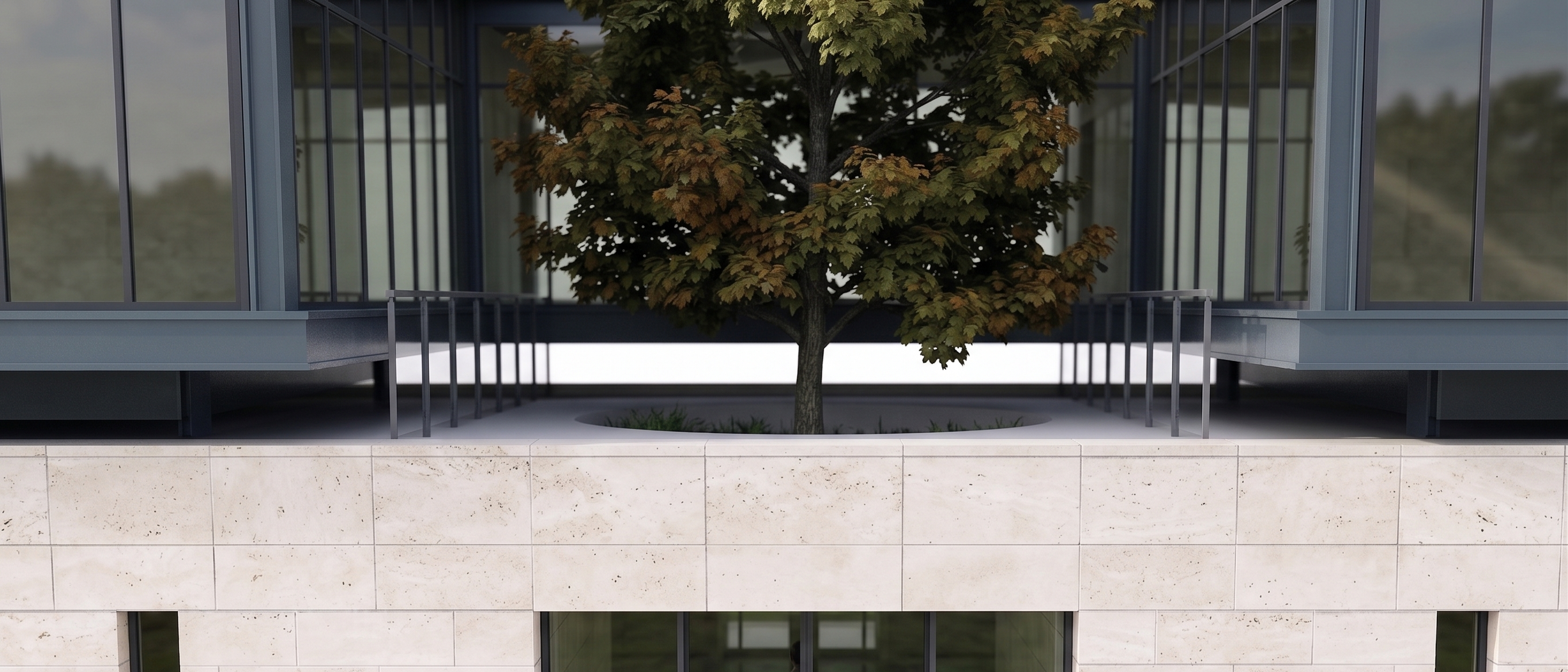 MicroLink HQ courtyard with mature tree, stone façade.