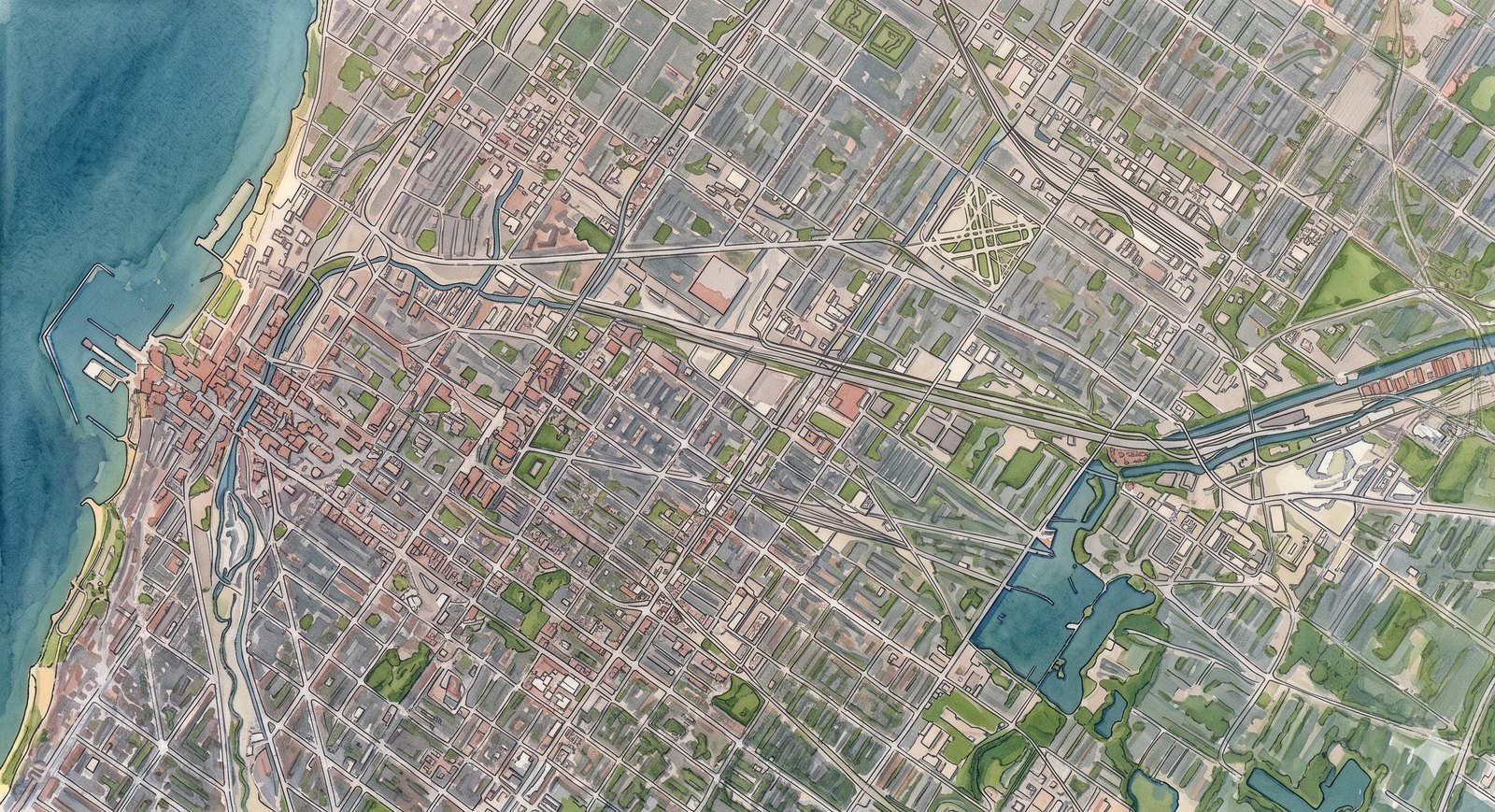 Illustrated Chicago watercolor map highlighting MicroLink host-site geography across the metropolitan area.
