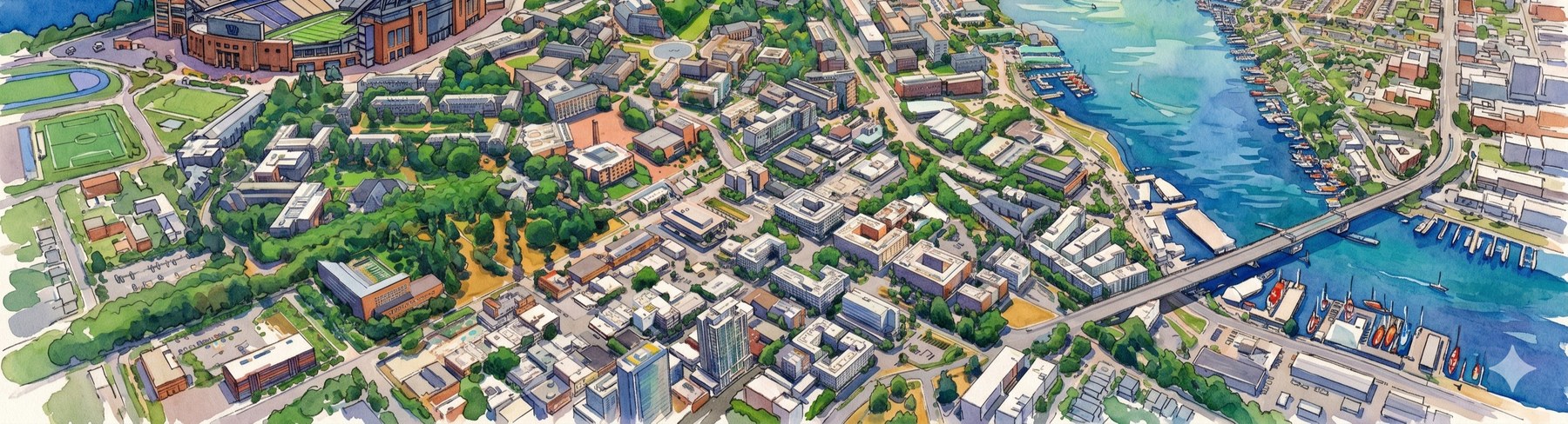 Watercolor aerial of University of Washington campus and Portage Bay