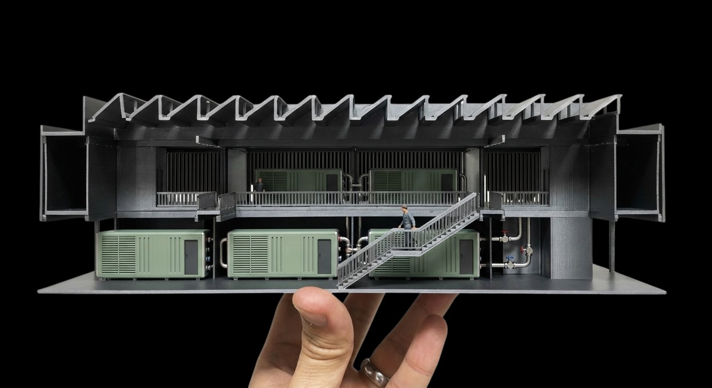 MicroLink Seattle HQ scale model, cutaway view: sawtooth roof above two-storey internal gantry, green compute and TPM container modules on the ground floor, mechanical room with copper pipework and isolation valves to the right.