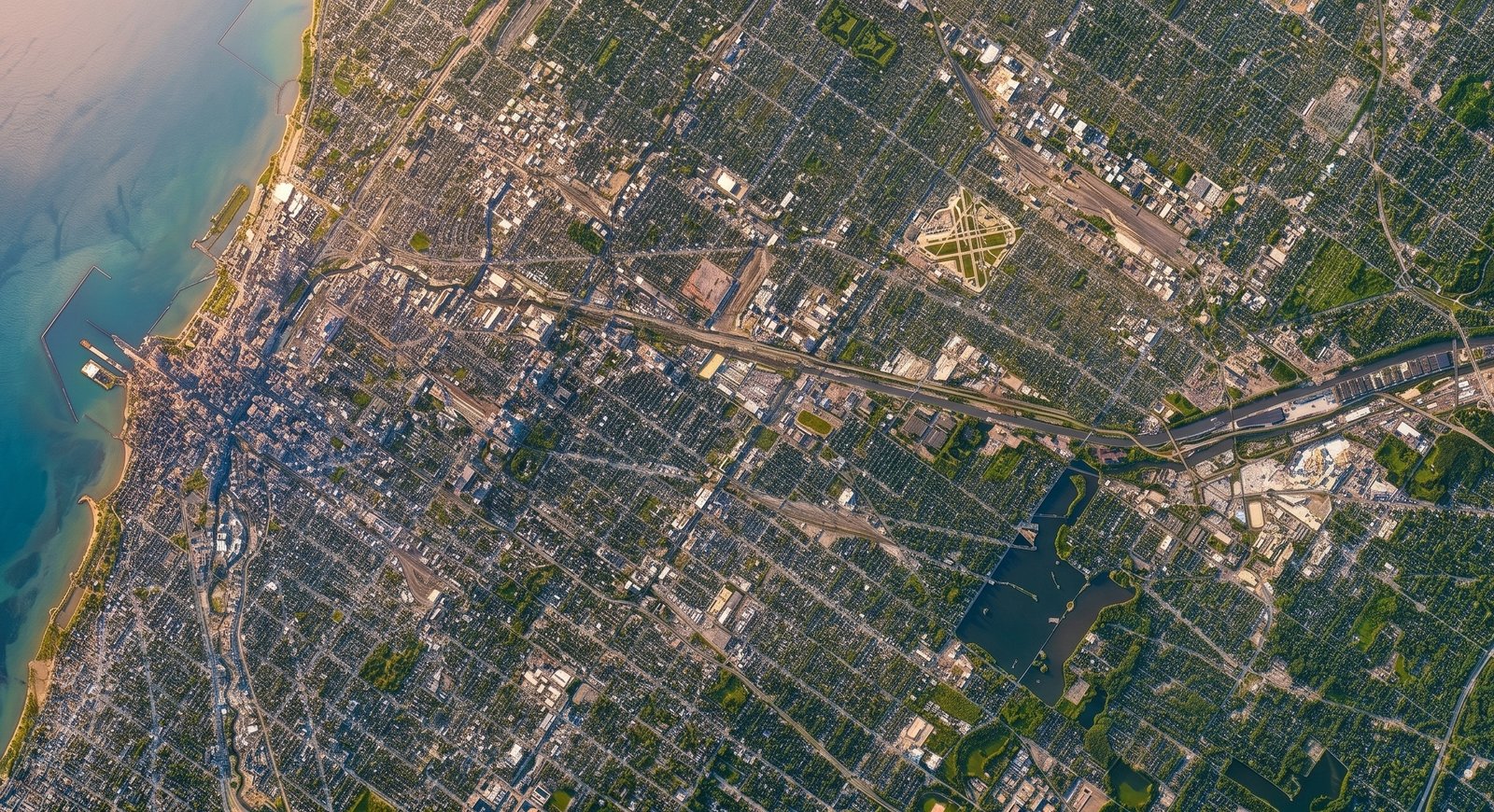 MWRD Stickney WWTP, aerial along the Sanitary and Ship Canal at sunset, Chicago skyline in distance