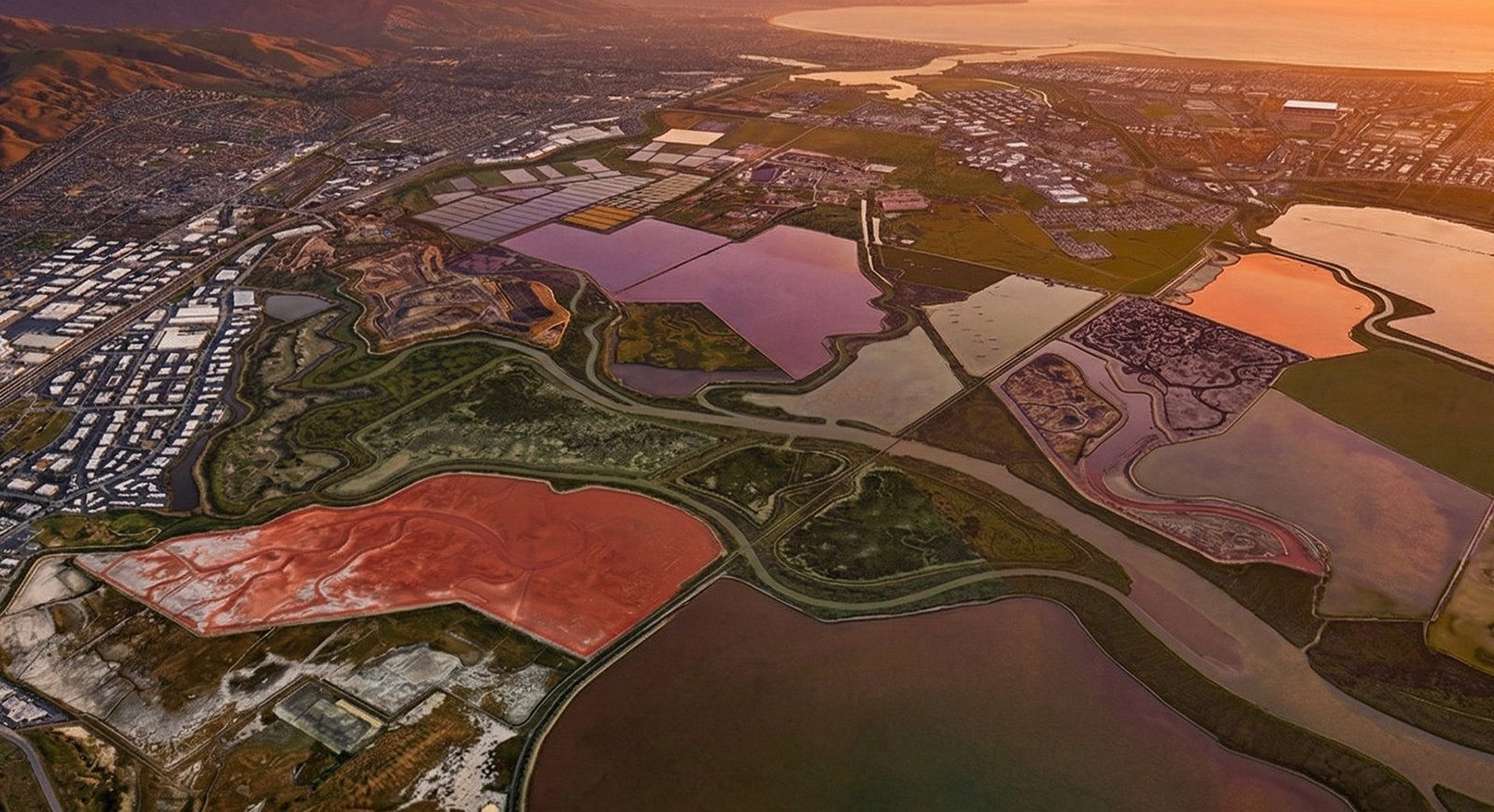 San José–Santa Clara Regional Wastewater Facility · MicroLink data center at golden hour, modular white architectural form against South Bay foothills