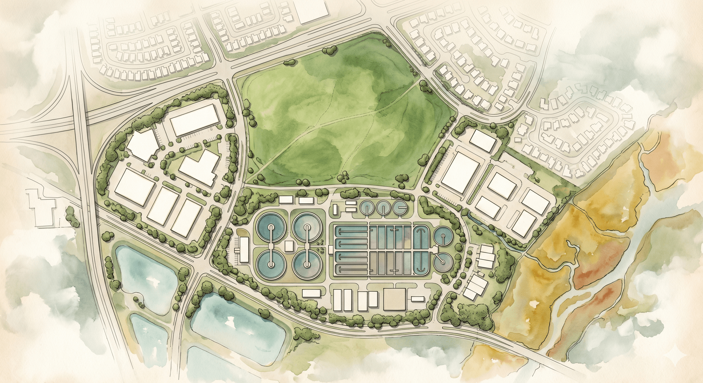 San José–Santa Clara Regional Wastewater Facility — clarifier basins and treatment cells