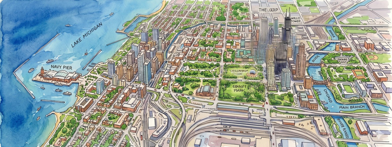 Illustrated watercolor map of Chicago showing Lake Michigan on the left, the Chicago River and city street grid, district heating context for the What's Ahead section.